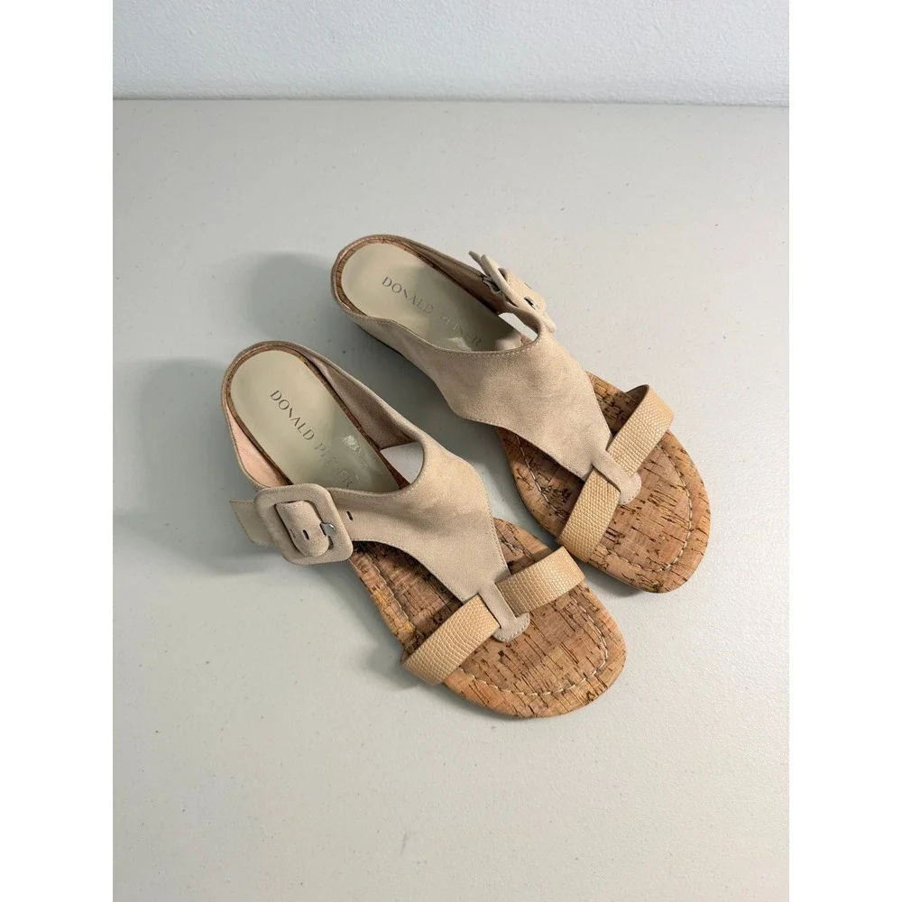 Donald Pliner‎ Ofelia Beige Suede Cork Wedge Sandals Shoes 9.5 Low Heel Buckle